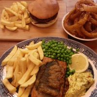 Tofish n chips, onion rings, burger n chips at Norman's Coach and Horses in London