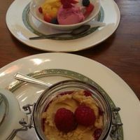 3 sorbets - champagne, mango n passionfruit, mixed berry. And peanutbutter mouse with raspberry coulis. All vegan. at Norman's Coach and Horses in London