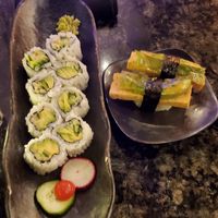 Sorry for the bad pic lol.  Crispy tofu nigiri and basic veg roll at OKU in Santa Barbara