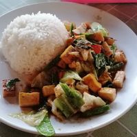 Pad Prig Gaeng with Tofu, super yummy! 45 Baht at Mon and Kurt's Restaurant in Chiang Dao