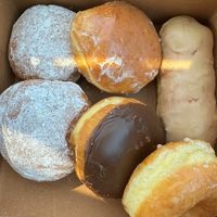 jelly filled (powered and glazed), boston cream, glazed and maple bar   at Jean's Donuts in La Habra