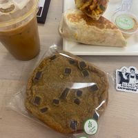 Pictured ( all vegan and gluten free )
-Vietnamese coffee
-Breakfast burrito with spicy tofu (sriracha is the spice level) 
-chocolate chip sandwich at Bak & Jo Bakery and Coffee in Mesa