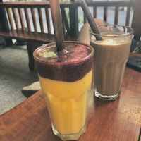 mango, banana & blueberry smoothie. chocolate & peanut butter shake.   at The Bagel in Koh Samui