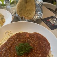 Vegan spaghetti bolognese & garlic bread baguette  at KK's Bar & Restaurant in Nerja