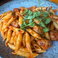 Tomato and basil pasta which they kindly added veggie meatballs to on my request. Made it a decent portion.  at Cafe Kisa in Auchterarder