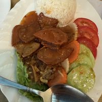 Vegan meat and tofu rice plate   at Veggie Today in Concord