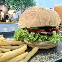 Burger and fries   at nomVnom Cafe in Johor Bahru