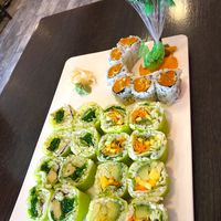 Vegan Sushi:
Pumpkin Tempura
"Super Veggie"
(Lettuce, Avocado, Cucumber, Carrot, Mango wrapped w/soypaper)
"Mr. Green" (Lettuce, Cucumber, Avocado, Seaweed Salad wrapped w/soyp at Masago Sushi 35 in Southington