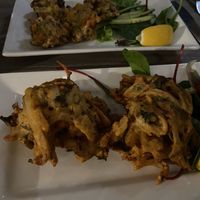Onion Bhaji (vegetable pakora in background also Vg)  at Shaheen's Indian in Durham