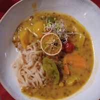 Lentil curry with vegetables and rice noodles at Egidiwirt in Murau