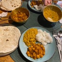 Dhal and chickpea curries, rice and roti   at Cumin in Siargao
