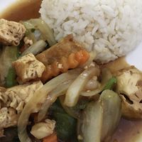 Stir fried tofu and basil with rice   at Tib Khao in Luang Prabang