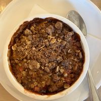 Strawberry Rhubarb Oat Crisp at Cafe Gratitude in Venice