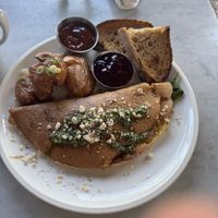 Mung bean omelette and potatoes   at Cafe Gratitude in Venice