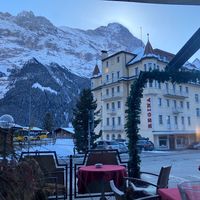 Outside terrace with view of the Eiger  at Hotel Kreuz & Post in Grindelwald