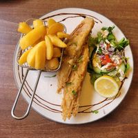 Vegan Fish and Chips (Served with Salad) at M & J Bistro in Conwy
