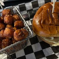 Vegan chik’n Parmesan sandwich with sweet potato tos   at Sebastian's Ale and Whiskey House in Lombard