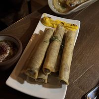 Lamb (not) cigars with sauces and mushroom side.  Excellent   at Anixi in New York City