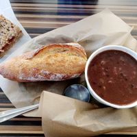 Black bean soup, half baguette and strawberry crumble bar 😋 at The Pig and the Plow Farmstead Bakery in Fort Collins