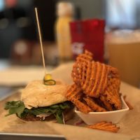 Bollywood burger and sweet potato friess  at Proper Brewing & Burger Co in Moab