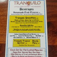 Drinks menu at Tranquilo Cafe in Corn Islands