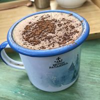 Oat milk hot choc  at British Patagonia in North London