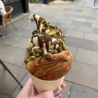 Pistachio praline and vanilla ice cream crossiant cone  at British Patagonia in North London