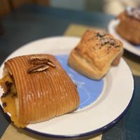 Pain suisse and vegan sausage   at British Patagonia in North London