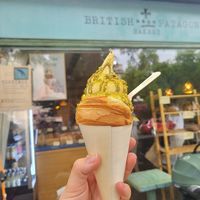 Croissant Cone with Pistachio Ice Cream and Pistachio bits on top at British Patagonia in North London