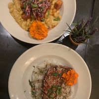 Buffalo vegan chicken mac & cheese (top) and tofu salmon with rice  at Plantasia Eatery in Flagstaff