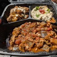 Trio combo with cauliflower, baba ganoush, and moussaka eggplant at Aladdin in Stowe