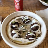 Hummus bowl with falafel and strawberry Izze  at Aladdin in Stowe