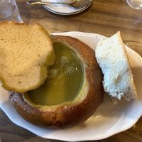 Pea soup in a sourdough bread bowl (without any of the toppings that come with it)   at Pea Soup Andersen's  in Santa Nella