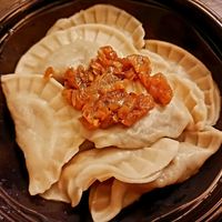 Potato-mushroom dumplings with fried onions at Vareniks in Haifa