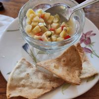 Plantain ceviche with homemad chips at Cafe-Bazar OM - temporarily closed in Monteverde