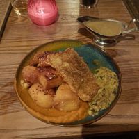 Tofu pork belly, veg and crackling. Plenty more tofork under the crackling. Rich and saucy, great plateful! at LD's Kitchen - The Black Heart in North West London