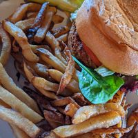Vegan burger and fries at Prodigy Brewing in Logan