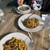 Pasta , fried rice , and vegetable soup .. all incredibly good and portions are quite large   at Chez Olga in Grand Rapids