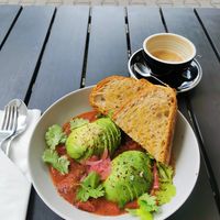 Vegan Shakshuka and a cappuccino at Na Bank Speciality Coffee in Warsaw