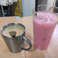Vegan teh halia (ginger tea) and Bandung (rose milk) at Seva Cafe in Central Singapore