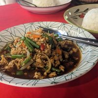 Stir fry chilli + basil (with soy protein) at Pit Thai Food in Phuket