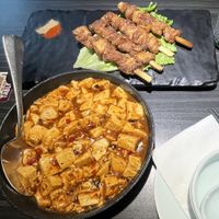 Mapu tofu & BBQ lions mane skewers.  at VegeDelight 波羅蜜養生素食 in Toronto