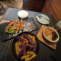Fragrant eggplant, mushroom skewers and rice jelly at VegeDelight 波羅蜜養生素食 in Toronto
