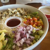 Tofu bibimbap and oat milk cappuccino   at All About Cha in Lubbock