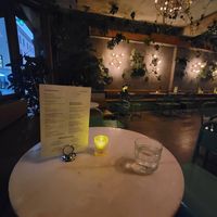 Interior with table and menu ("100% plant based" at top right) at Torggata Botaniske in Oslo