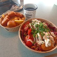 Vish and chips plus garden salad with nuggets at Swing Kitchen in Munich