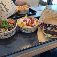 Cheese burger, normal fries and garden saladd  at Swing Kitchen in Munich