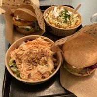 Bavarian Burger, Vienna Burger, Cole Slaw, Greek Fries   at Swing Kitchen in Munich