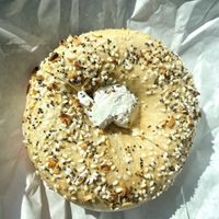 everything bagel with vegan/dairy-free cream cheese  at Ozark Mountain Bagel Co - Central Ave in Bentonville
