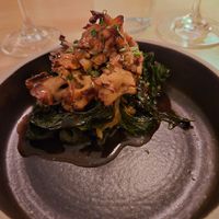 Roasted maitake mushroom with greens and celeriac puree. It ate very steak dinner esque at Astera in Portland